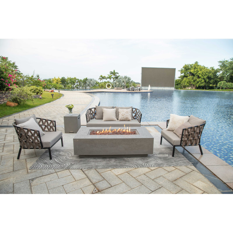 Madison 17'' H x 60'' L Travertine Outdoor Fire Pit Table - Includes Lava Rocks & Cover, Natural Gas, Light Gray