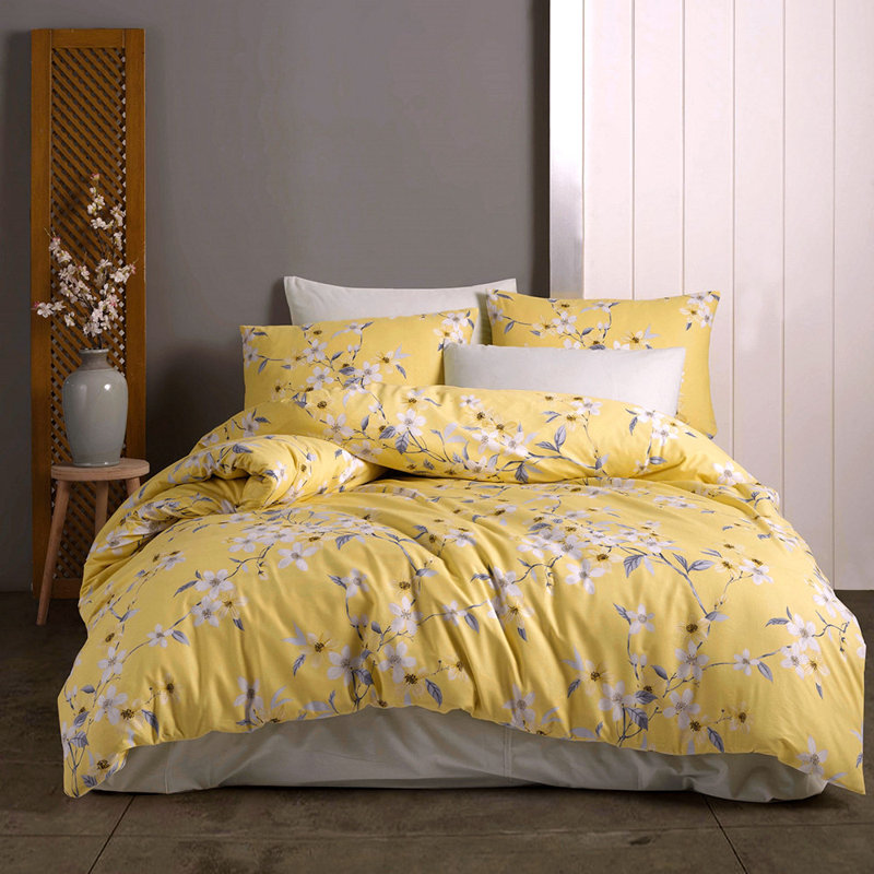 100% Cotton Percale Floral Sheet Set, Twin Sheet Set with 2 Pillowcases, Yellow/White