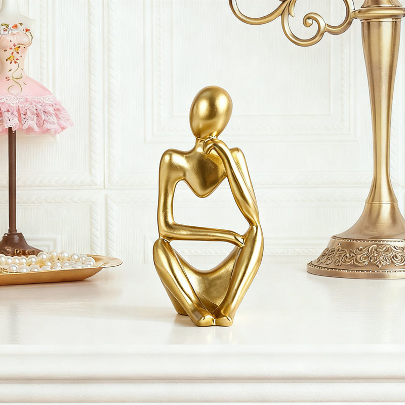 Gold Mini Resin Creative Thinker Sculpture, Abstract Art Decoration for Home Office Bookshelf Table Bookshelf Decoration, Left Side