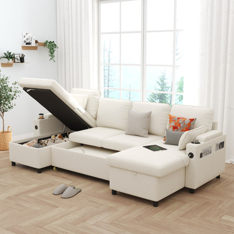 2 In 1 Sleeper Sofa Pull-Out Couch With USB Charging, Storage Chaise, Cup Holder For Apartment, Living Room, White