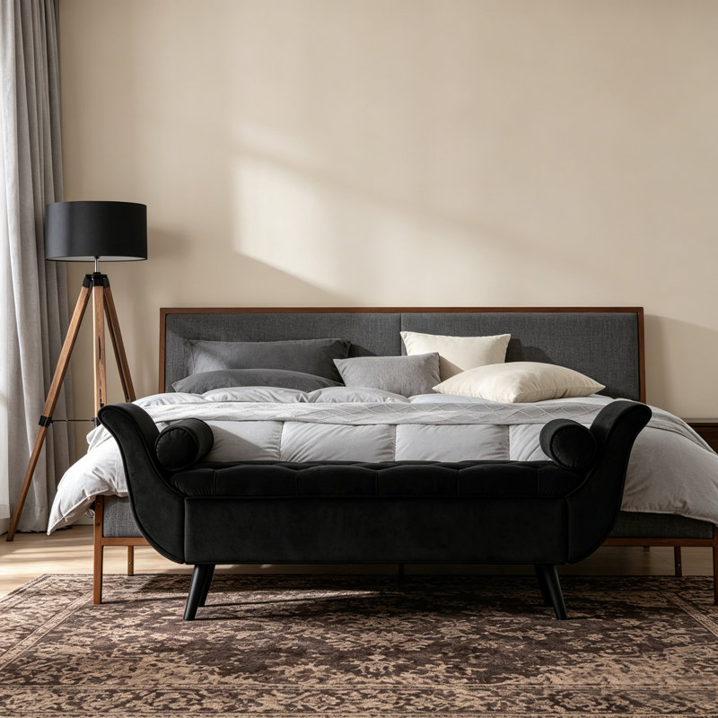 Tufted Black Velvet 65" Storage Ottoman Bench, Mid-Century Style Long Bench with Arms for Bedroom, Living Room, and Entryway Organization