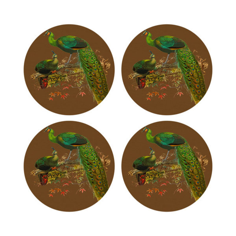 Family Pheasants Pinot Vegan Leather Round Coasters, Brown