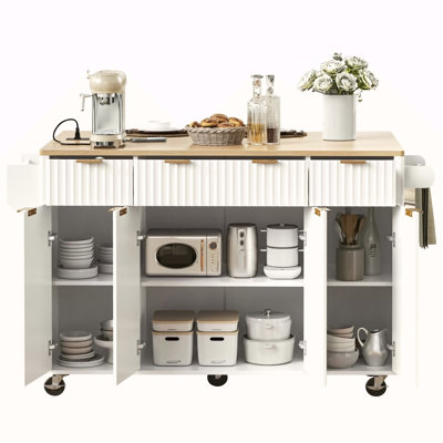 Fluted Kitchen Island With Storage, 55.5" Kitchen Island With Drop Leaf, Power Outlet, 4 Doors And 3 Drawers, Rolling Island Table With Wood-Grain Top, Curved Edge For Kitchen,Dining Room