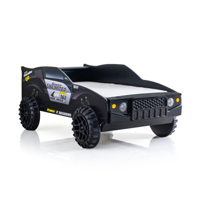 Modern Novelty Style Twin Bed Speed Jeep Design High Gloss Finish LED Night Lights On Headlights Metal Structure Black Finish