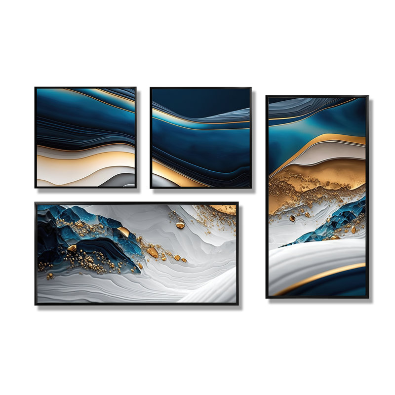 «Abstract Geode Waves Blue II», reproductions d'art sur toile 4 pièces, Reproduction encadrée sans passe-partout, Noir