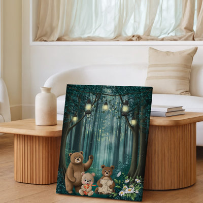 Canvas In A Whimsical Forest Scene A Delightful Arrangement Of Illustrated Wall Art Bears Springs To Life Against Towering Lush Green Canvas Wall Art