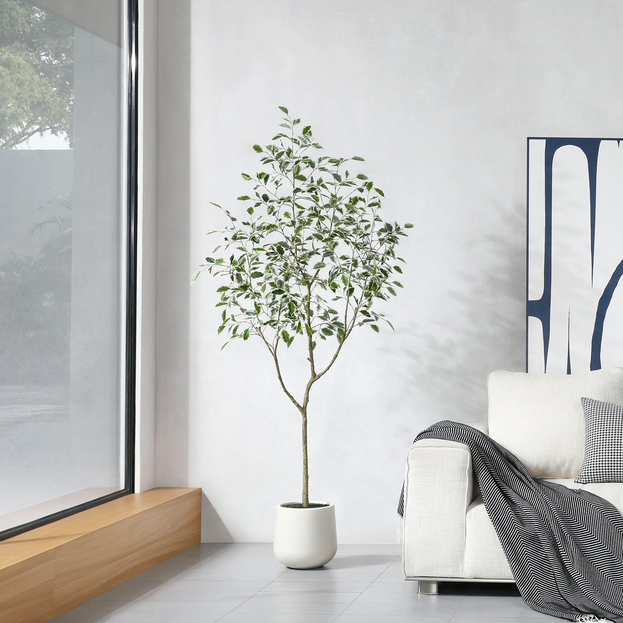 Adagio Faux Ficus Tree with Oval White Planter, Pre Potted Faux Greenry Plant with white side leaves, 72" H x 24" W x 24" D