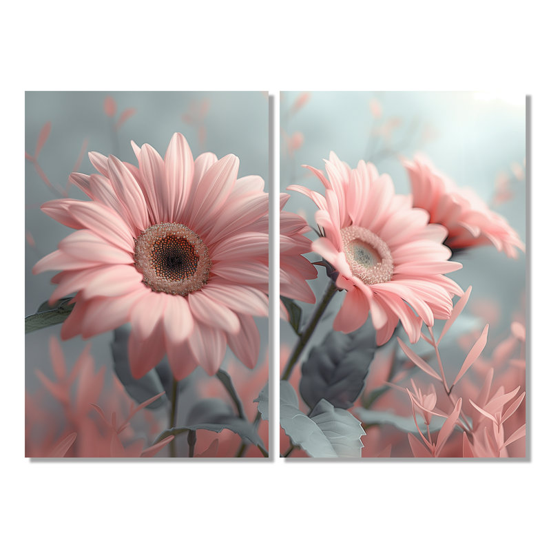 Rose et marguerites de beauté botaniques grises II - décoration murale rose 2 pièces, 36" H x 48" W, Wrapped Canvas