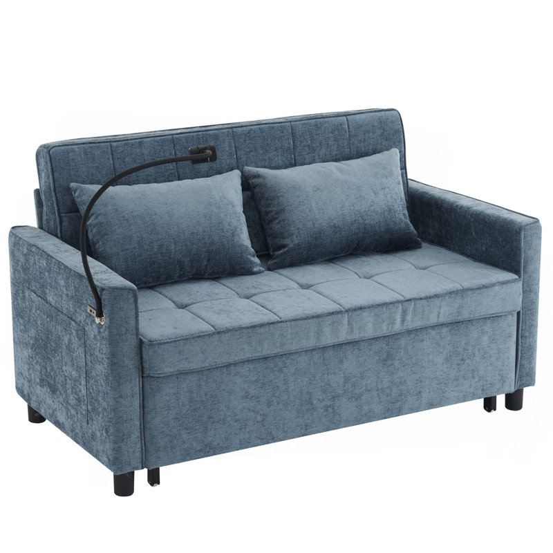 Canapé-lit 56,9 po avec canapé-lit escamotable avec coussin de dossier réversible, poches latérales, deux ports USB et support pour téléphone dans le salon
