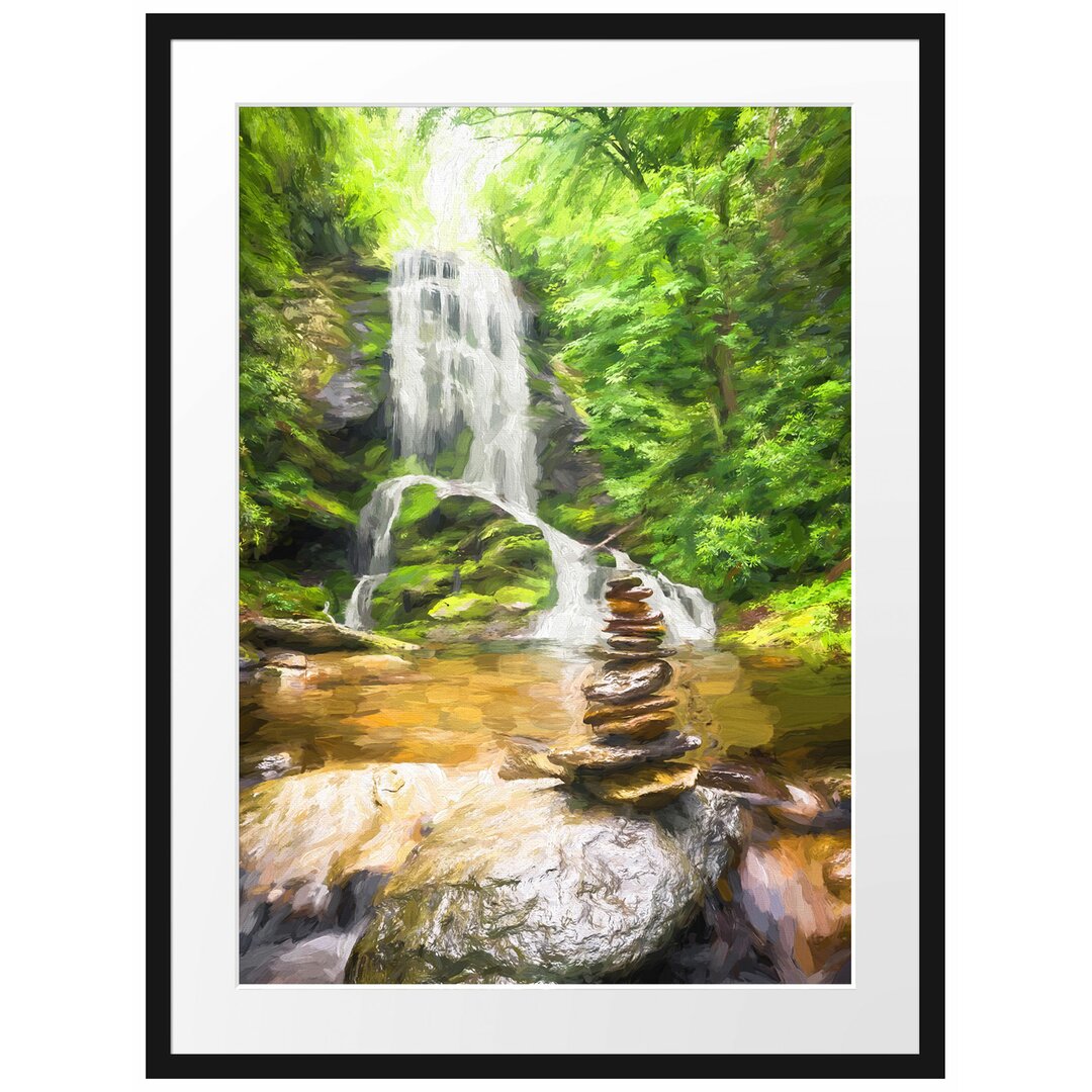 Gerahmtes Poster Zen Steine vor Wasserfall