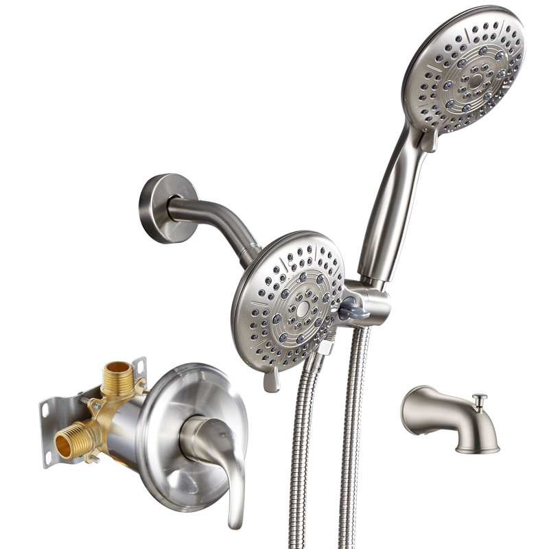 Pomme de douche double 2-en-5 à 5 fonctions avec robinet de douche et robinet de baignoire, Nickel brossé