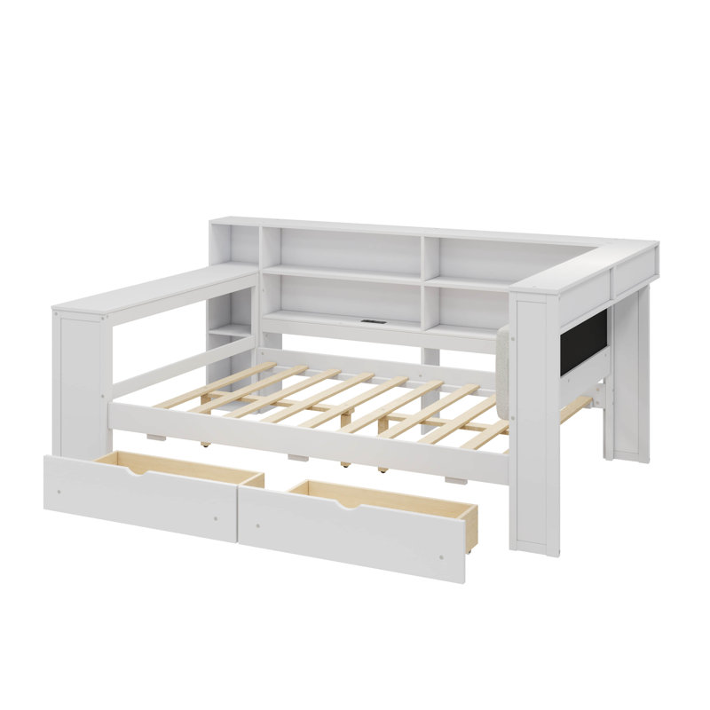 Wood Full Size Platform Bed With Storage Units, Drawers, Charging Port, LED Light, Desk, White/Beige