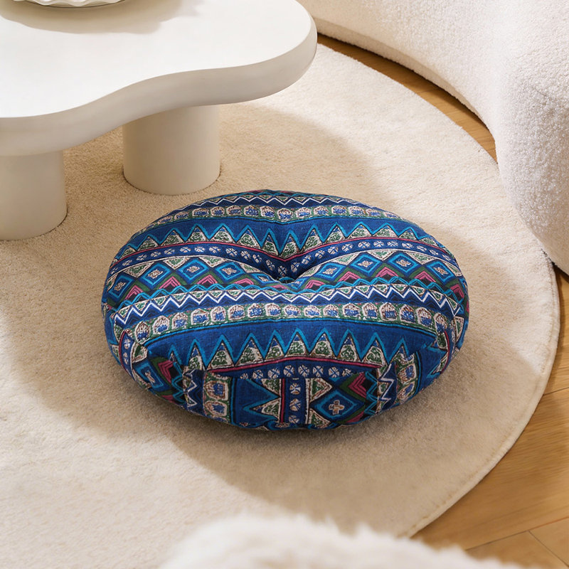 Detachable Round Floor Cushion, Bohemian Blue Geometric
