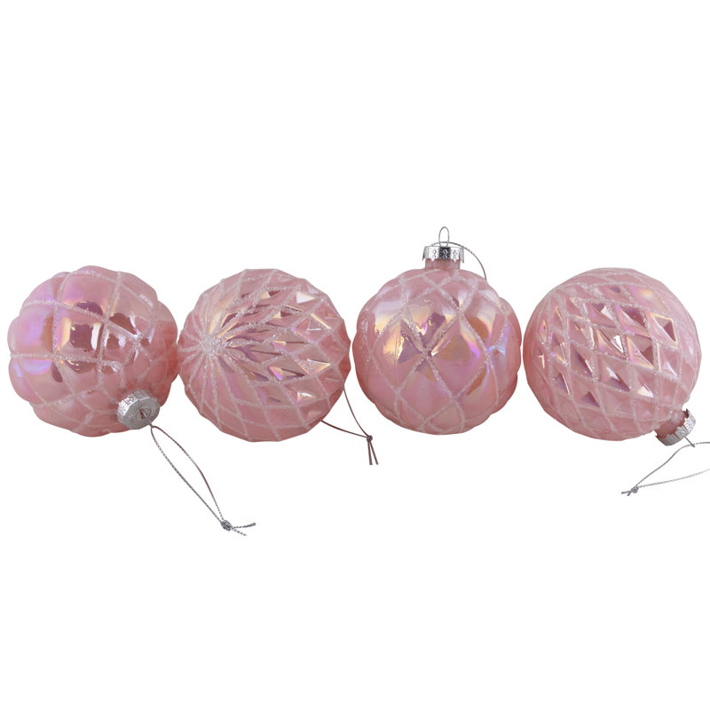 Glittered Geometric Iridescent Glass Ball Christmas Ornaments - 3" (80Mm) - Pink - 4Ct