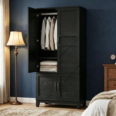 Armoire de rangement à 4 portes avec tringle suspendue, armoire de rangement en bois de 72 po de hauteur avec tablettes réglables, grande armoire de rangement pour chambre à coucher et salon, noir