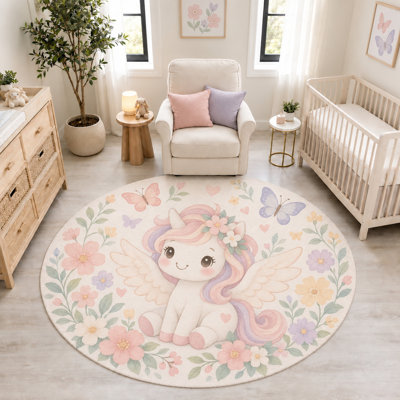 Tapis rond « ultra fin » 183 x 183 cm, motif licorne ailée, fleurs et papillons, tapis d'intérieur doux à poils courts avec envers antidérapant en silicone, idéal pour la chambre d'enfant, la chambre de bébé et la salle de jeux.