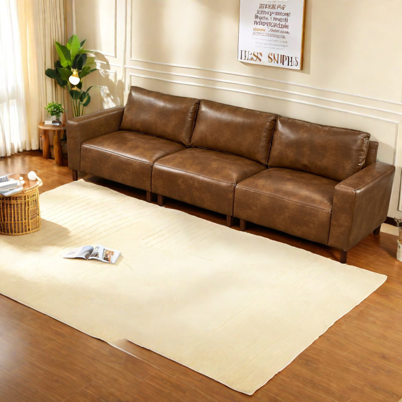 Canapé 3 places de luxe en similicuir brun de 284 cm (112 pouces), pieds en bois, style moderne pour salon