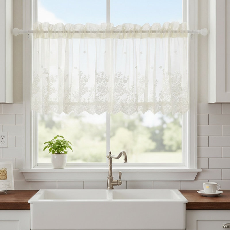 Sheer Window Valance 1 Panel, Light Filtering Window Treatment Curtain Linen Lace Border Rod Pocket For Kitchen Bathroom Bedroom Home Decoration Beige White, 53.94X35.43In