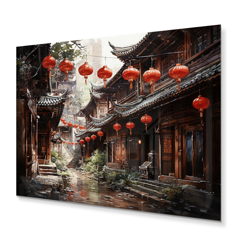 «China Art Red Lantern II» - décoration murale en métal chinois, H 24 po x l 32 po x P 1 po