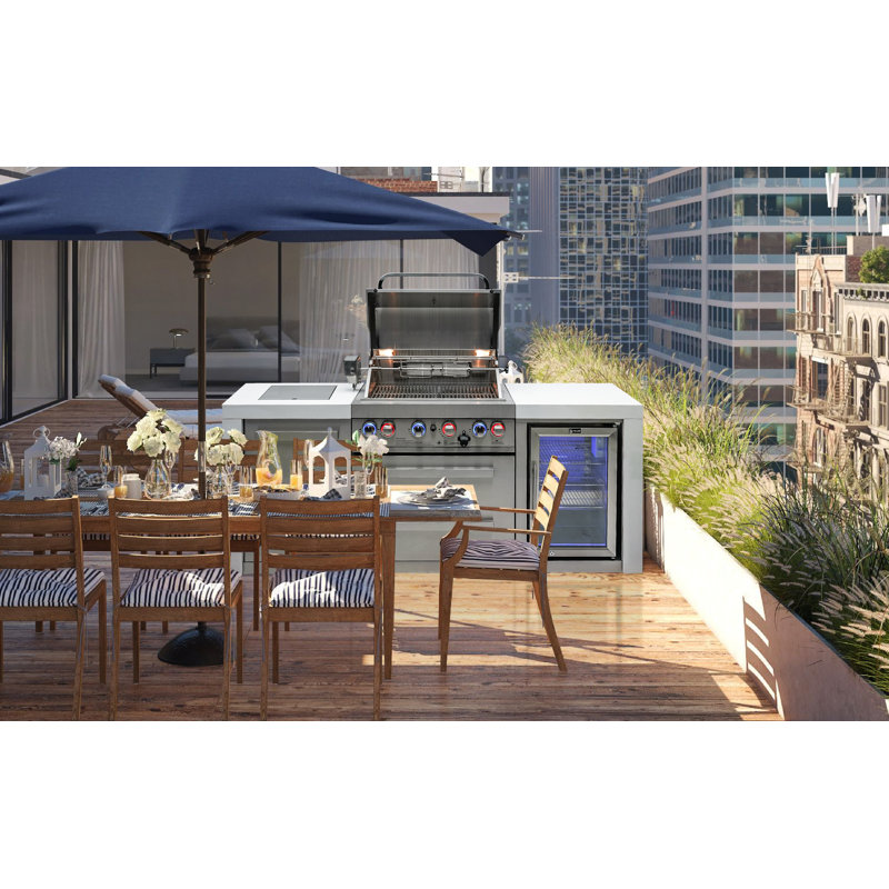 Mont Alpi 4-Burner Deluxe Stainless Steel Outdoor Island Barbecue Grill with Compact Refrigerator