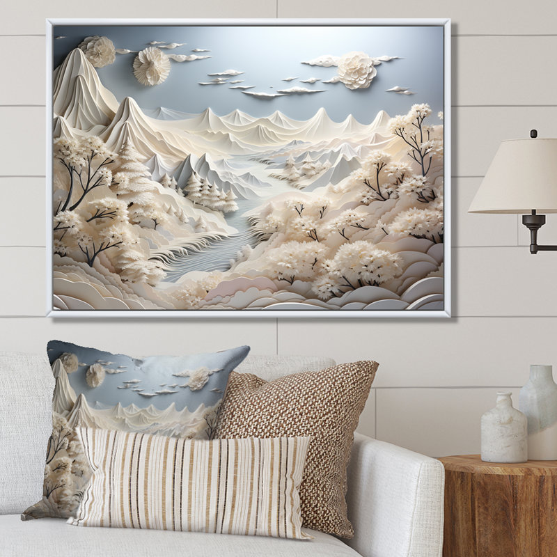 Abstrait Snowy Winter Mountains II - Paysage abstrait, art mural, Cadre flottant doré, H 24 po x l 32 po x P 1 po