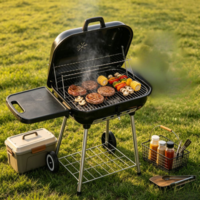Barbecue portatif au charbon portatif noir sur pied avec support latéral, roulettes et support chauffant, barbecue de cuisson extérieur pour la cour, le patio et la terrasse