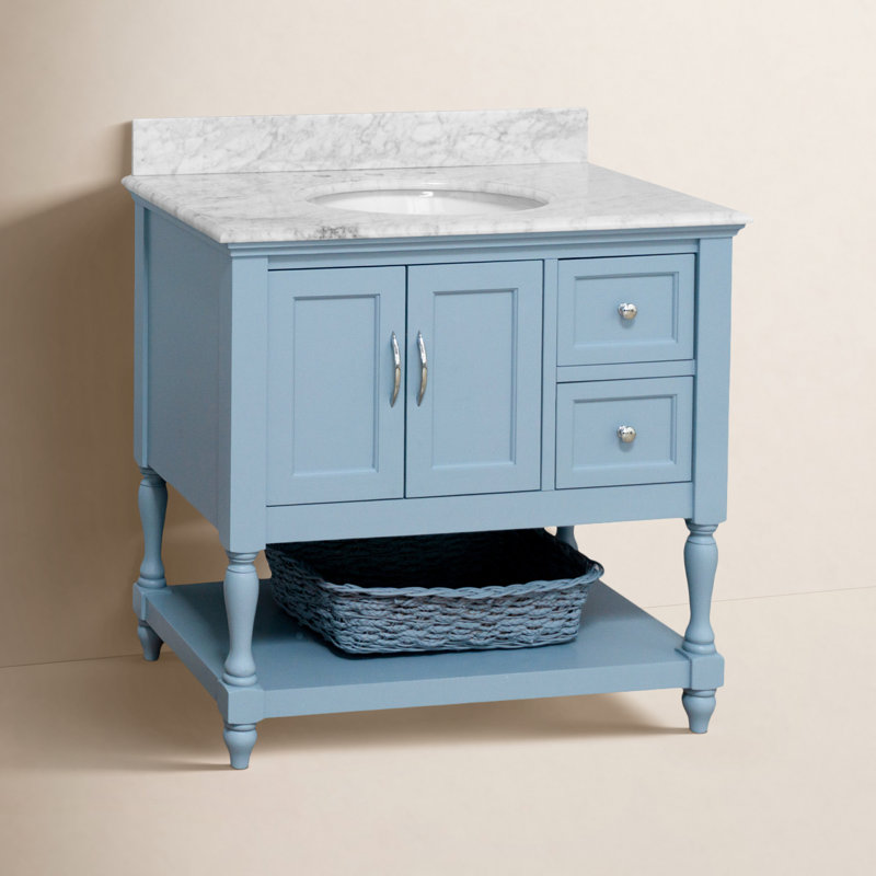 Hampton 36'' Single Bathroom Vanity with Top, Powder Blue, Carrara Marble