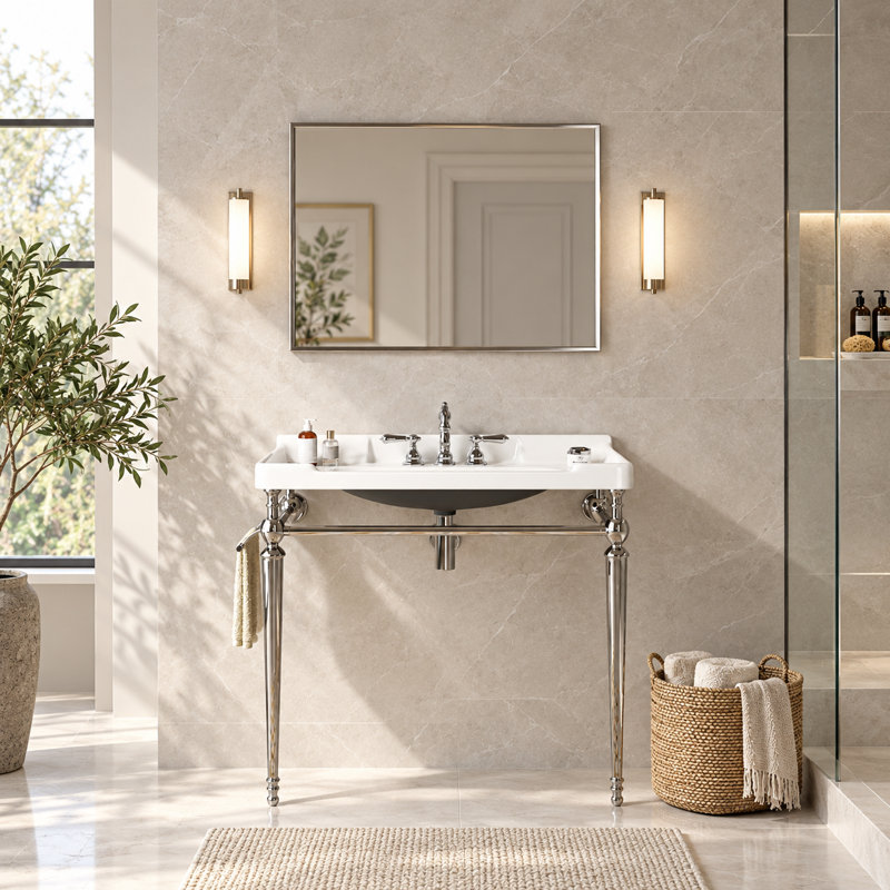 Meuble-lavabo console en céramique de 91 cm (36 po) avec support en métal et barre porte-serviettes, Argent, 36", Blanc