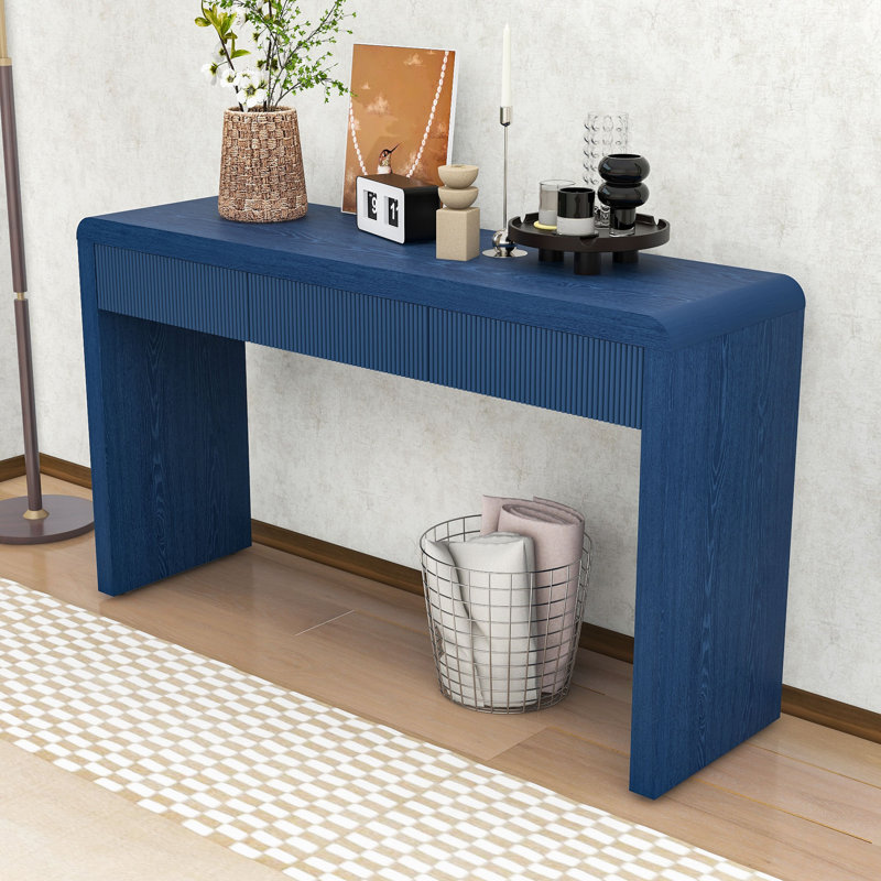 Console rustique en bois minimaliste avec tiroirs de rangement, pieds réglables et bords arrondis, Marine