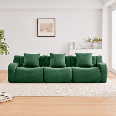 Canapé désossé, tissu en peluche de haute qualité à 3 places, conception antidérapante, accoudoirs incurvés sans assemblage, éponge haute densité 32D pour le salon, les chambres, le coin lecture, vert