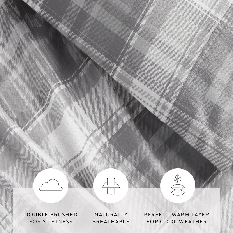 Ensemble de draps en flanelle de coton Varkala, Ensemble de draps pour grand lit, Gris clair / motif écossais