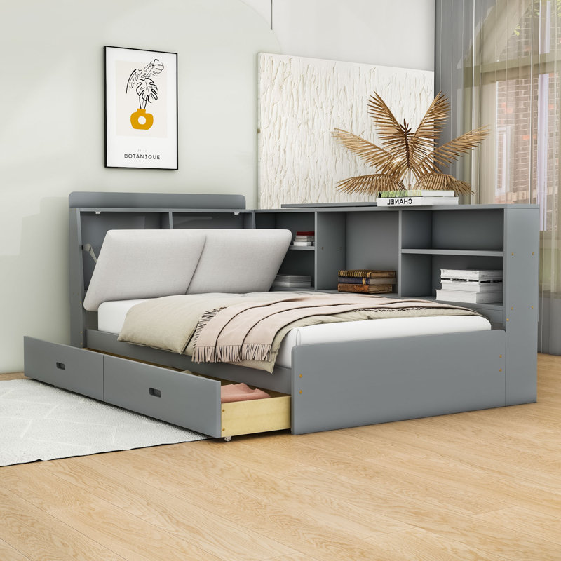Johnnel Twin Wood Platform Bed with Shelves and Drawers, Gray