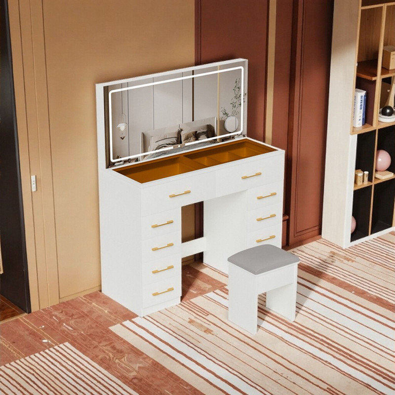 Bureau de coiffeuse 46 po avec prise de courant, table de maquillage à 10 tiroirs avec miroir DEL et tabouret