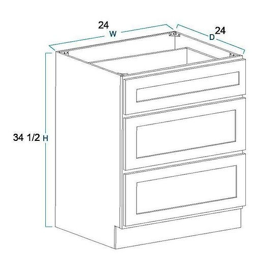 Armoire de cuisine standard à 3 tiroirs de 12 po / 15 po / 18 po / 21 po / 24 po / 27 po / 36 po x H 34,5 po