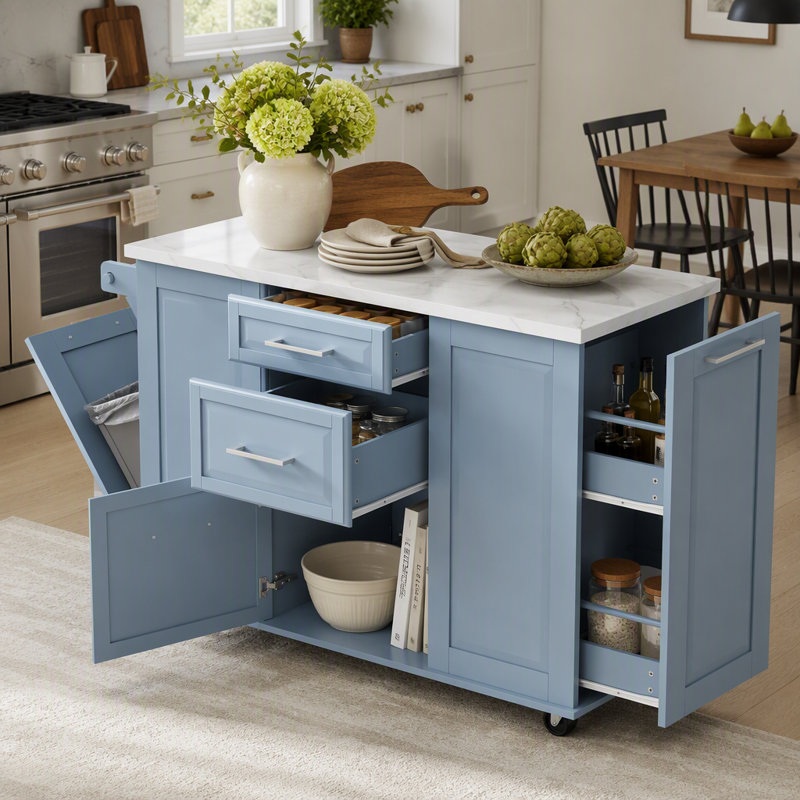Îlot de cuisine de 129 cm avec meuble à ordures inclinable, organisateur coulissant, abattant et 2 tiroirs, Grey+Blue