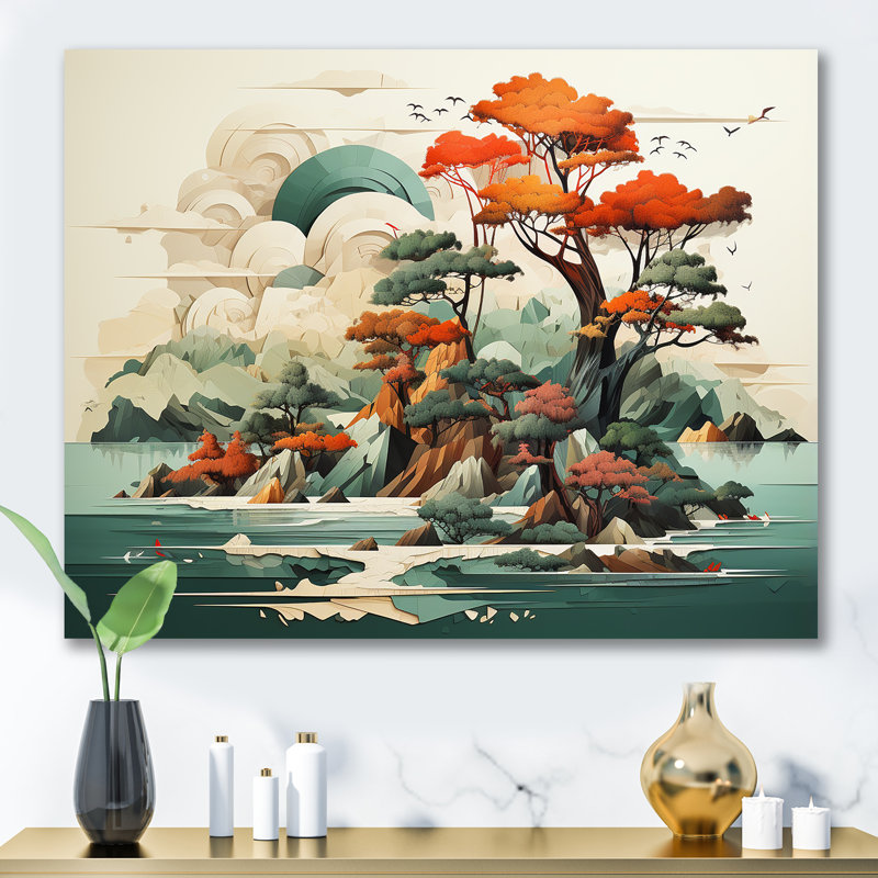 «Vintage Japanese Lake Scenery I - Abstract Landscape», art mural, Toile tendue, H 12 po x l 20 po x P 1 po