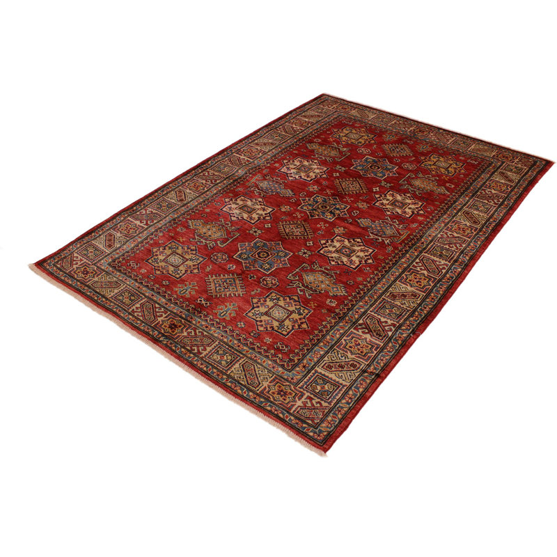 Tapis rouge / bleu en laine noué à la main à motif oriental 4 pi 10 po x 6 pi 7 po Lovorko