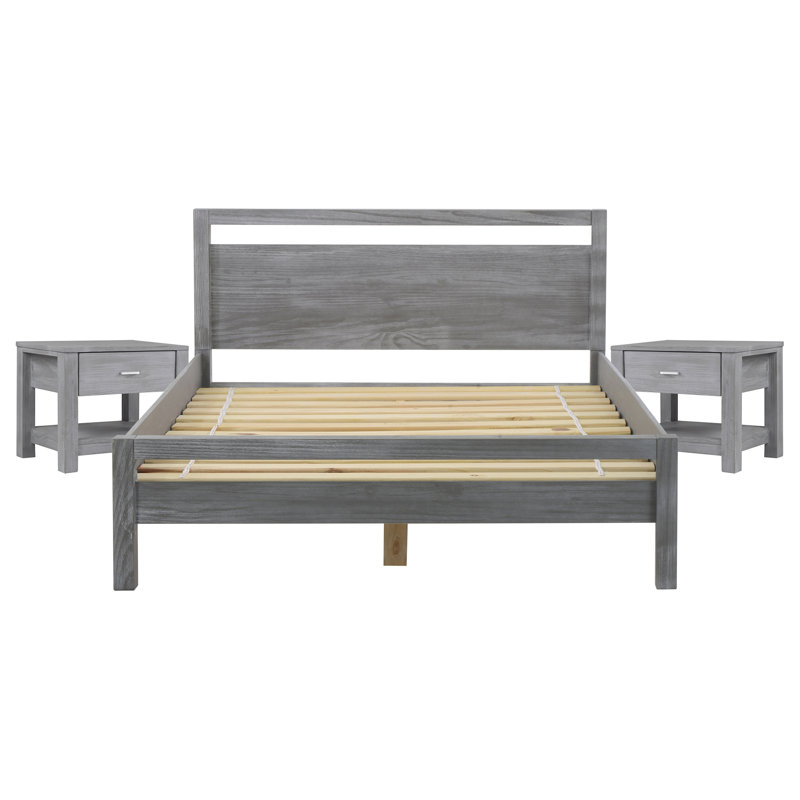 Loft Solid Wood Piece Bedroom Set, Weathered Pine, 3 Pieces: Bed, 2 Nightstands, Queen