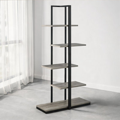5-Tier Open Storage Display Etagere, Black Metal Frame with Soft Beige Wood-Look Shelves, Contemporary Modern Shelving for Office and Bedroom