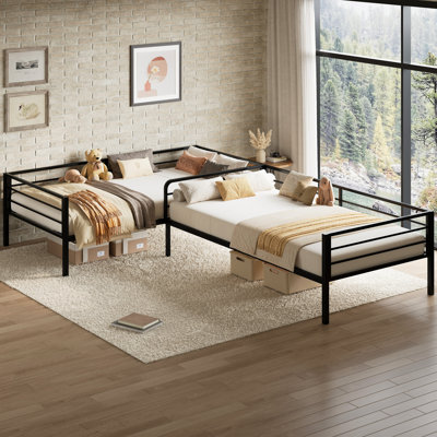 Lits simples en forme de L pour 2 personnes, base de lit d'angle simple avec rangement sous le lit, lattes en acier robustes pour chambre à coucher et petits appartements