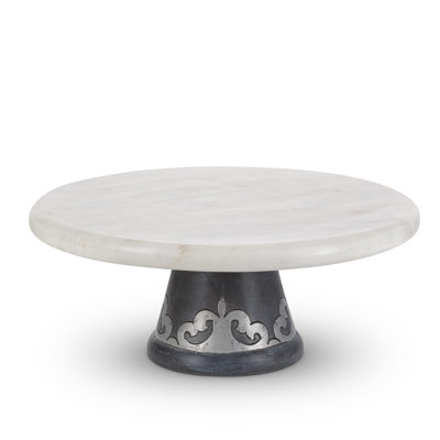 White marble platter on gray-washed metal-inlay pedestal