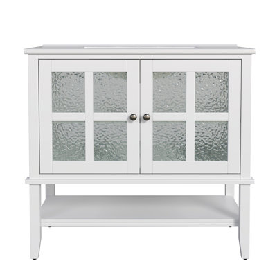 Meuble-lavabo de 36 po avec lavabo en céramique, meuble-lavabo avec tablette réglable et tablette ouverte, avec pieds en bois massif, finition peinte imperméable, boutons en métal et charnières à fermeture en douceur 