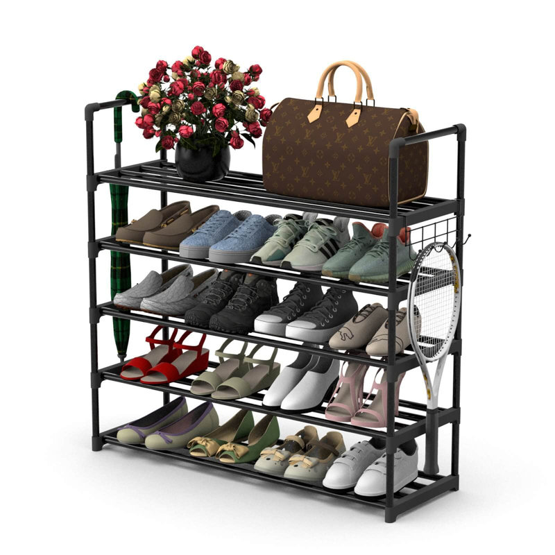 5 Tiers Metal Shoe Rack,Adjustable Shoe Shelf Storage Organizer With Hooks,Stackable Boot & Shoe Storage,For Entryway,Hallway,Closet,Black