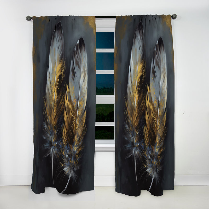 Kincy - Gold Boho Chic Feathers I - Rideau en plumes glamour - Velours obscurcissant - 1 panneau, L 52 po x L 120 po