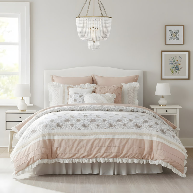 Ensemble d'édredon en coton percale 9 pièces, Très grand édredon et 8 pièces supplémentaires, Rosé