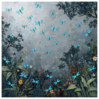 Tapisserie murale «Blue Dragonflies In Garden» - décoration murale libellules