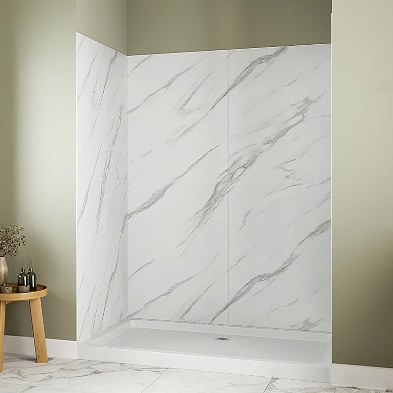 Streamline 4-Piece Glue-Up Alcove Bathtub Wall Surround in White Marble Finish, 76" H x 32" W x 60" D