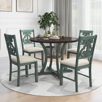 5-Piece Round Dining Table and 4 Fabric Chairs – with Special-Shaped Table Legs and Storage Shelf, Antique Blue / Dark Brown