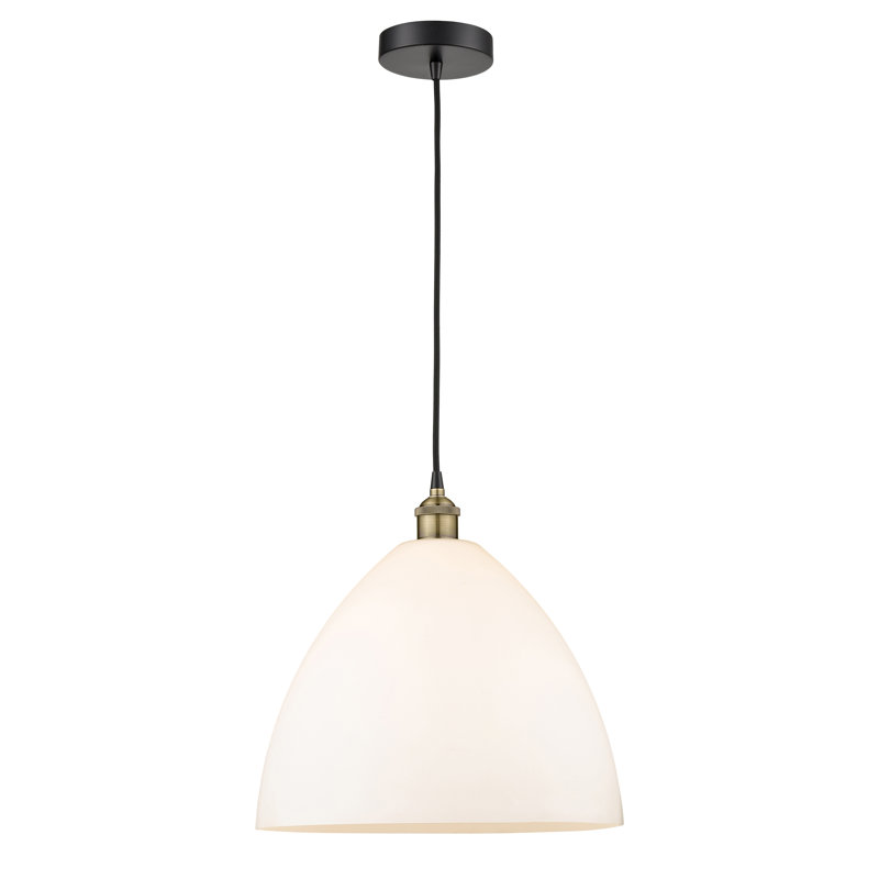 Luminaire suspendu en forme de dôme à 1 lumière Bluford, H 17,75 po x l 16 po x P 16 po, Blanc mat, Laiton antique noir