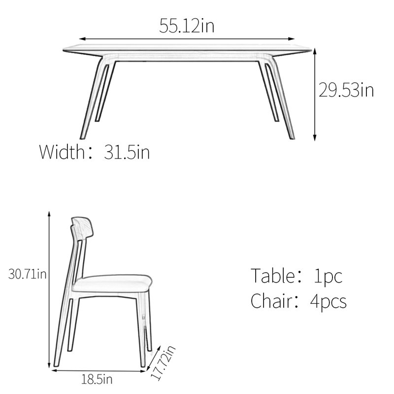 Ensemble de table de salle à manger en frêne, H 29,53 po x L 55,12 po x l 31,5 po
